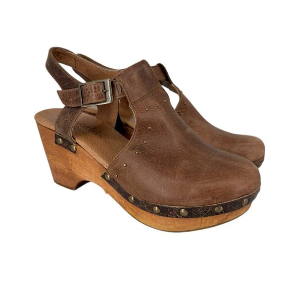 Sundance Five Worlds Leather Platform Clogs Womens Size 9 Womens T Strap Camel - Picture 1 of 13